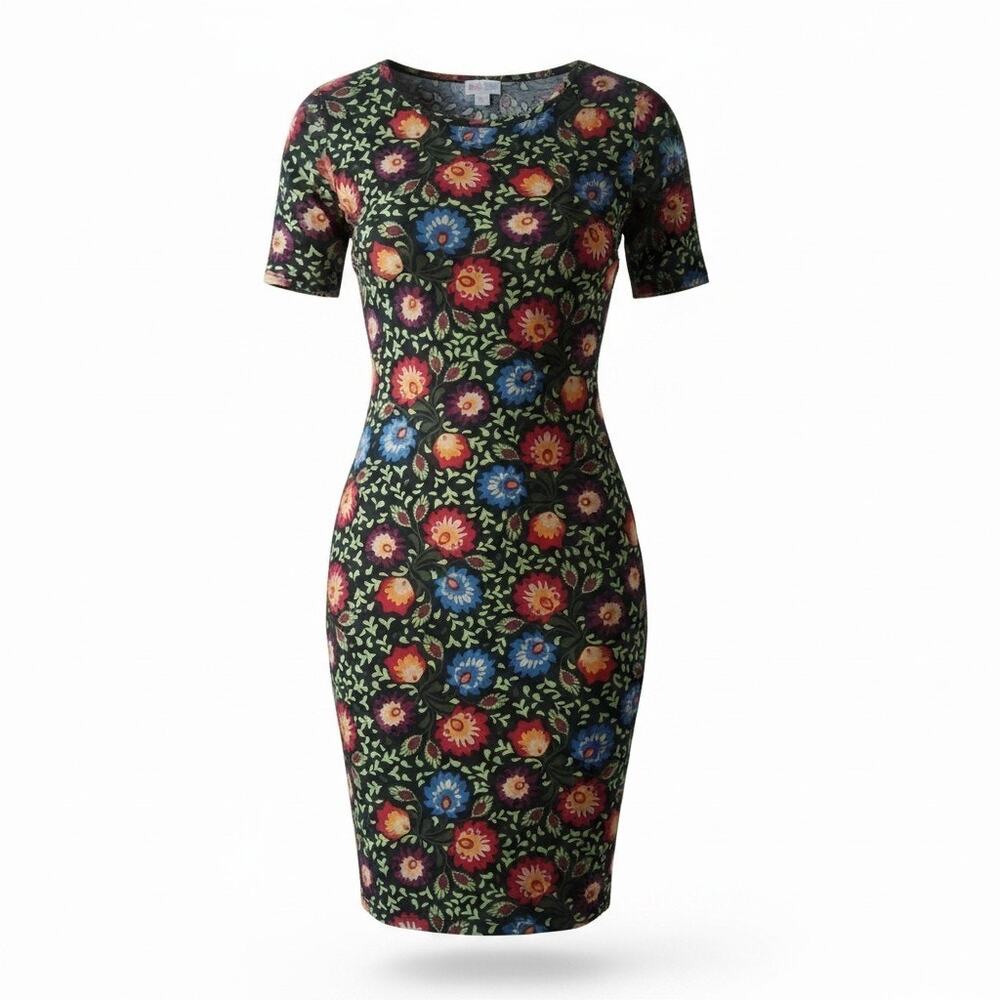 LuLaRoe Julia Dress Form Fitting Floral Short Sleeve Knee Long Womens Size S
